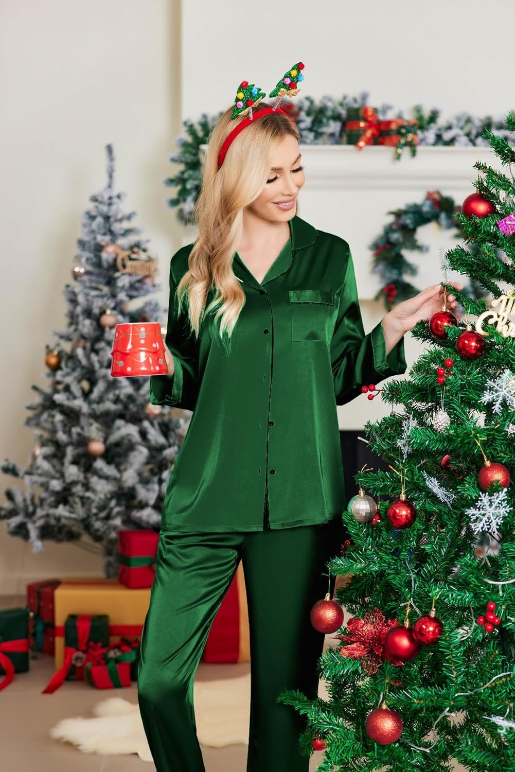 image:imageEkouaer Womens Silk Satin Pajama Set Button Up Long Sleeve Pjs SleepwearDark Green