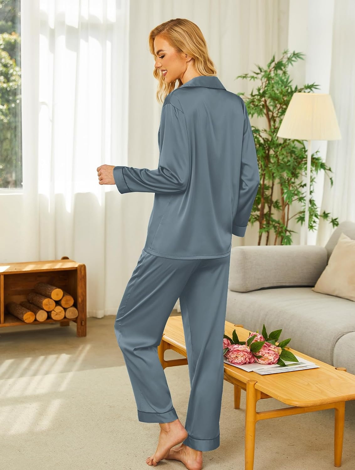 image:imageEkouaer Womens Silk Satin Pajama Set Button Up Long Sleeve Pjs SleepwearGrey