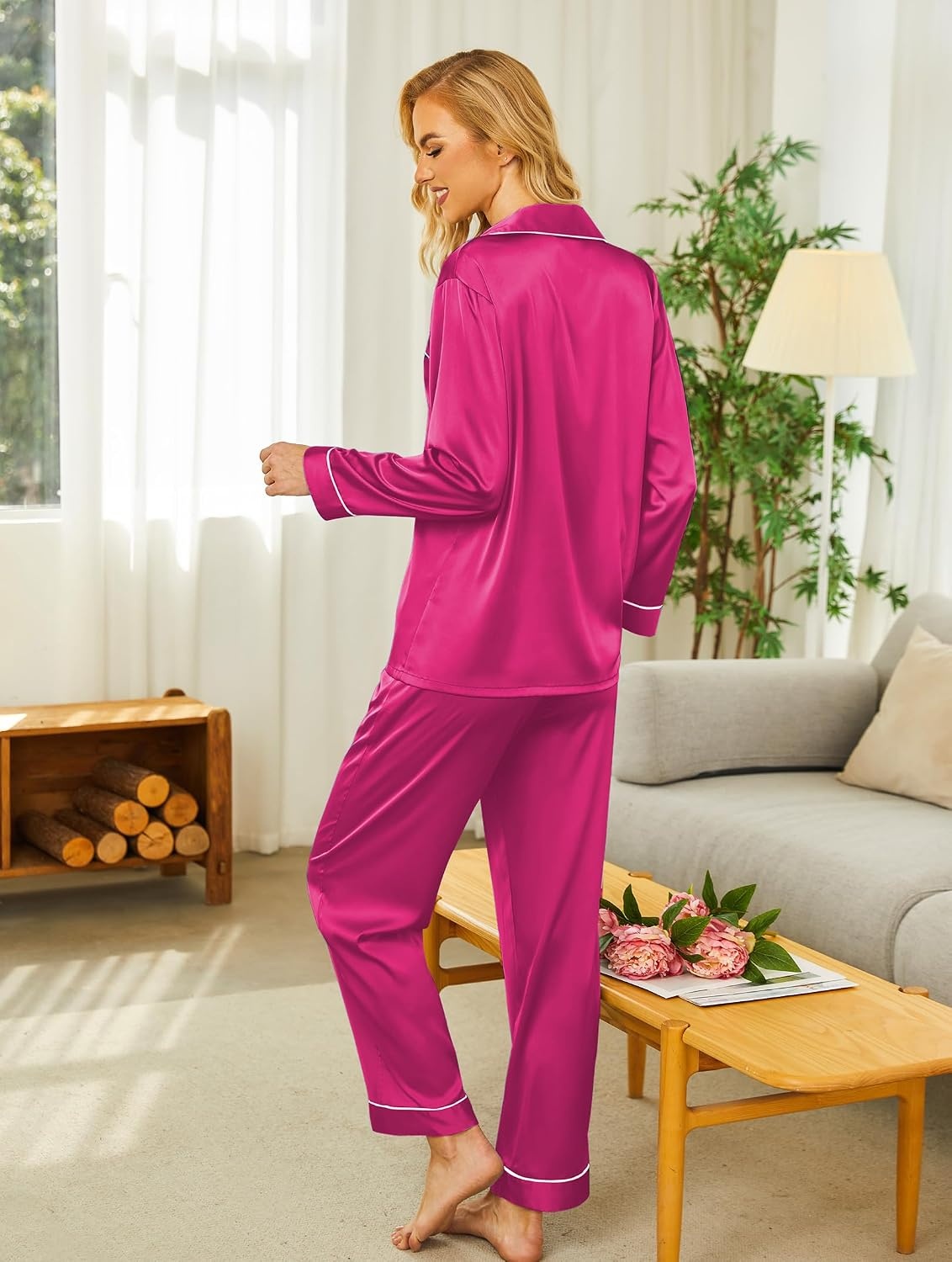 image:imageEkouaer Womens Silk Satin Pajama Set Button Up Long Sleeve Pjs SleepwearHot Pink