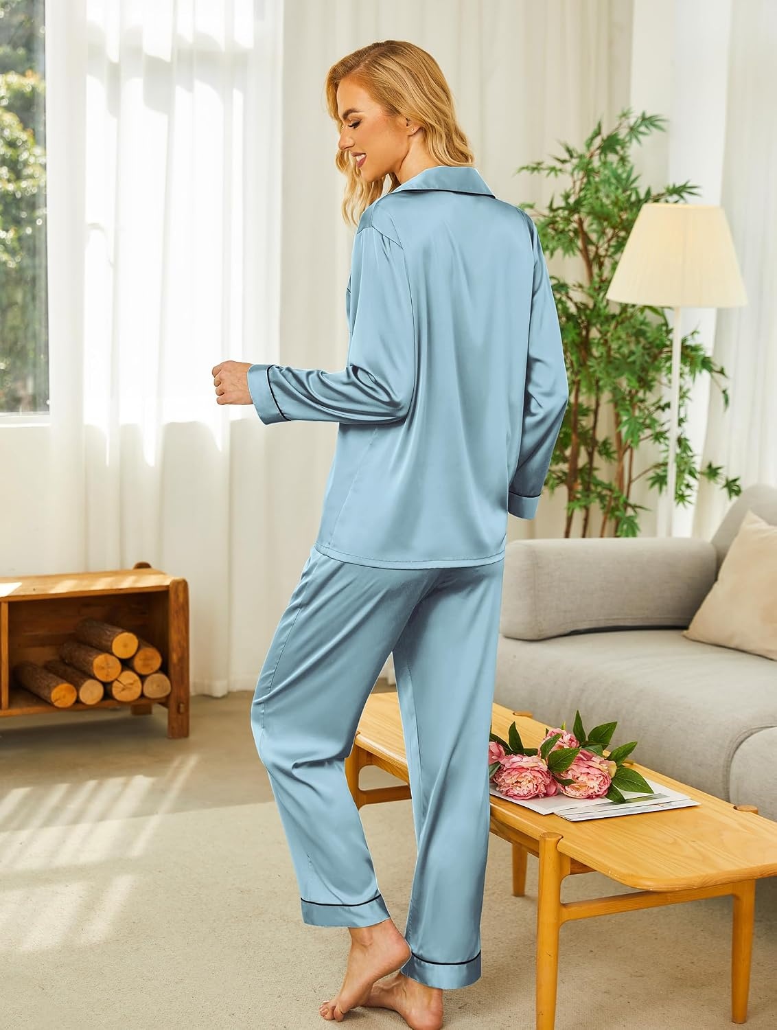 image:imageEkouaer Womens Silk Satin Pajama Set Button Up Long Sleeve Pjs SleepwearLight Gray Blue