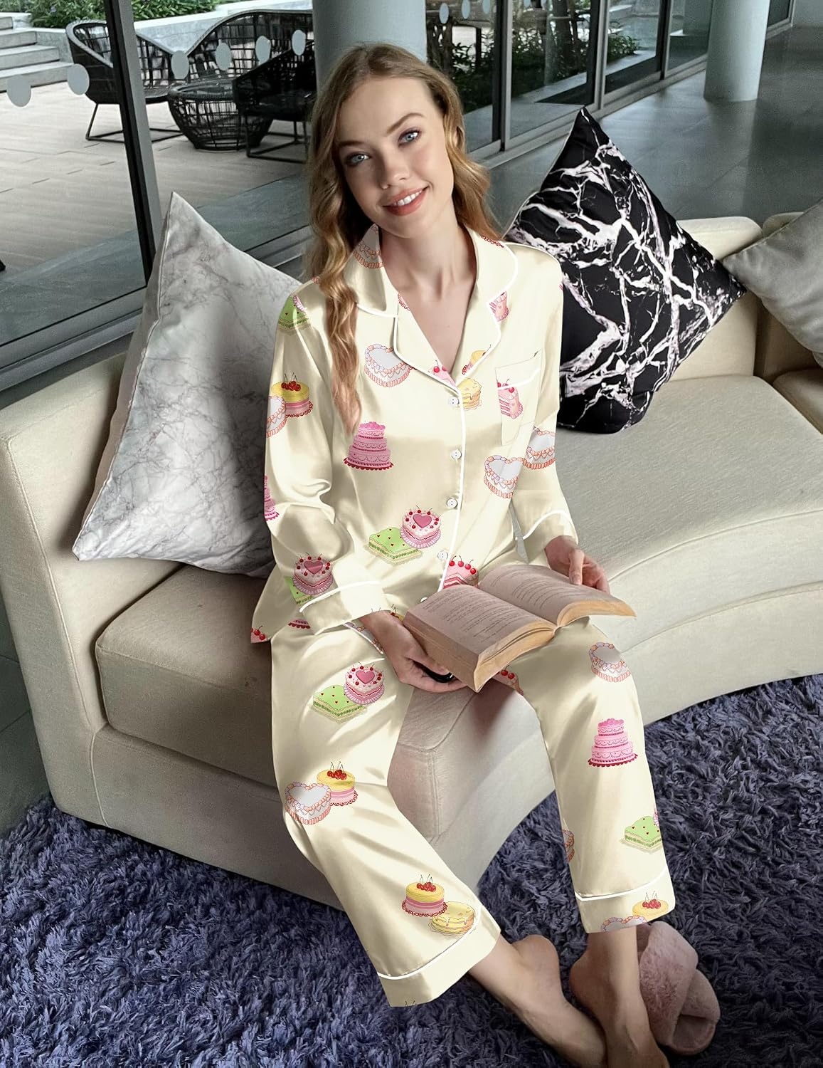 image:imageEkouaer Womens Silk Satin Pajama Set Button Up Long Sleeve Pjs SleepwearLight Yellow Cake
