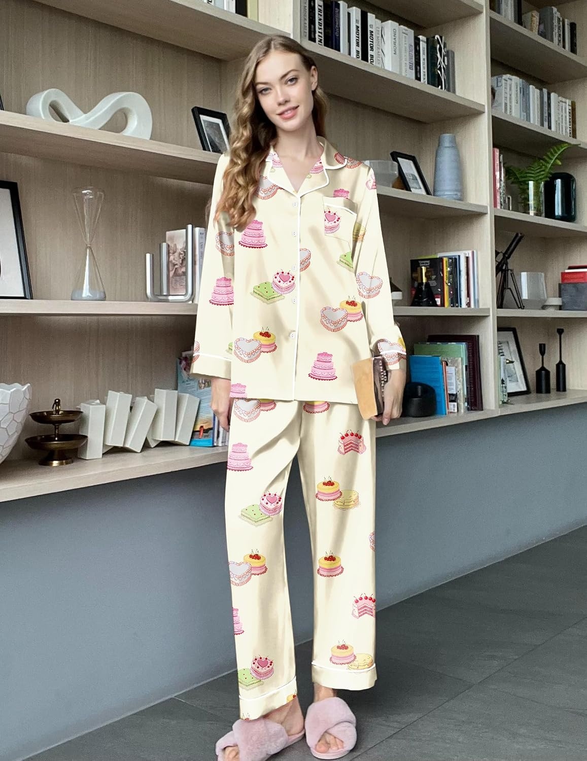 image:imageEkouaer Womens Silk Satin Pajama Set Button Up Long Sleeve Pjs SleepwearLight Yellow Cake