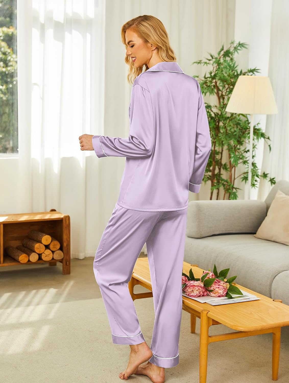 image:imageEkouaer Womens Silk Satin Pajama Set Button Up Long Sleeve Pjs SleepwearLilac