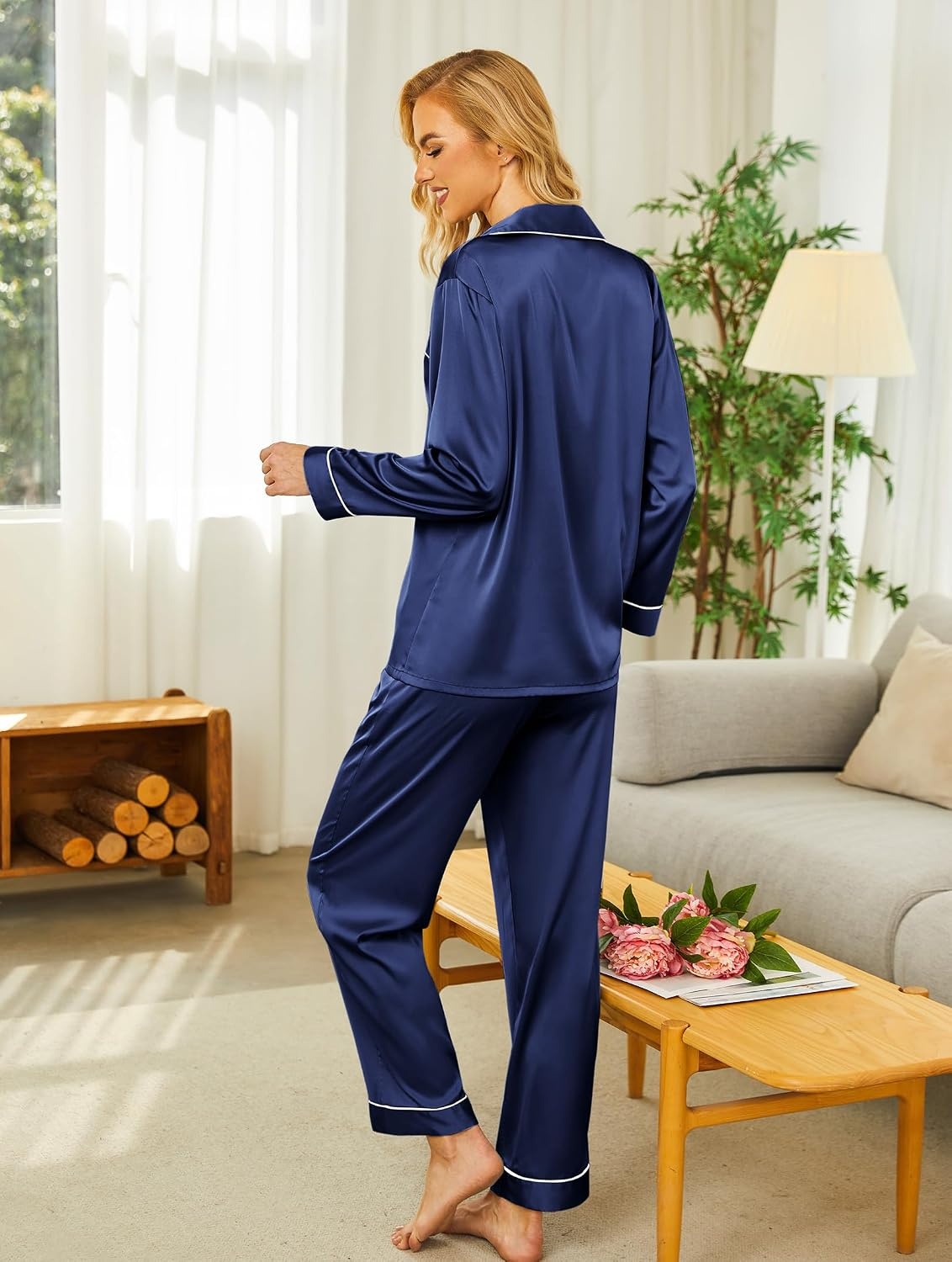image:imageEkouaer Womens Silk Satin Pajama Set Button Up Long Sleeve Pjs SleepwearNavy