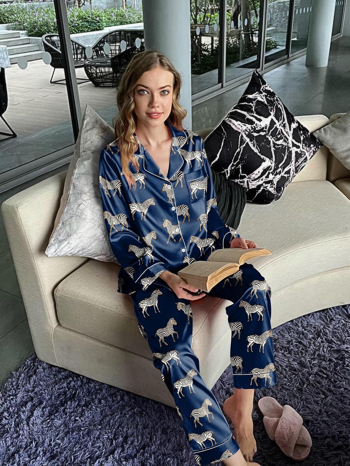 image:imageEkouaer Womens Silk Satin Pajama Set Button Up Long Sleeve Pjs SleepwearNavy Zebra