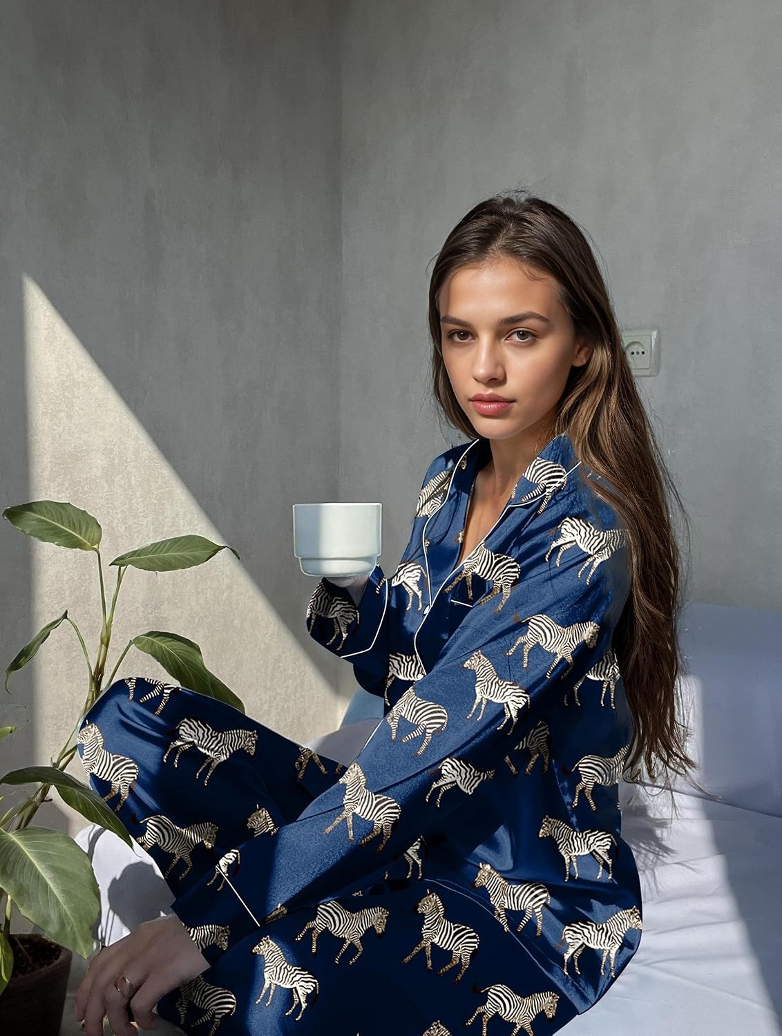 image:imageEkouaer Womens Silk Satin Pajama Set Button Up Long Sleeve Pjs SleepwearNavy Zebra