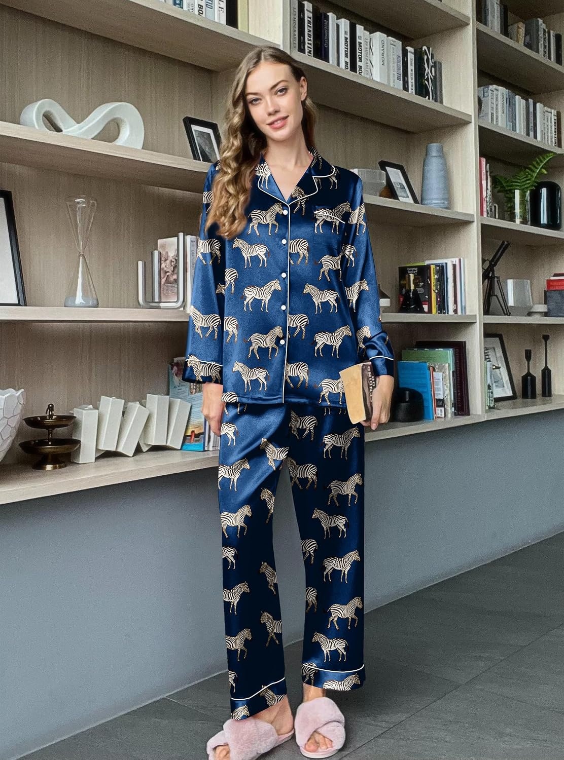 image:imageEkouaer Womens Silk Satin Pajama Set Button Up Long Sleeve Pjs SleepwearNavy Zebra