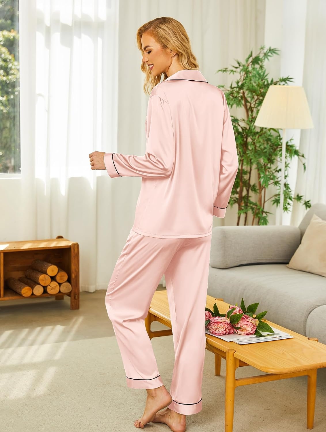 image:imageEkouaer Womens Silk Satin Pajama Set Button Up Long Sleeve Pjs SleepwearPink