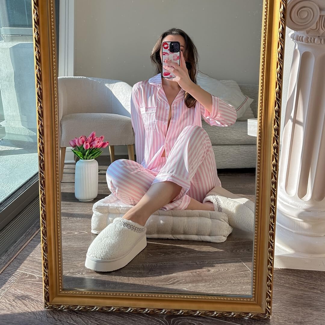 image:imageEkouaer Womens Silk Satin Pajama Set Button Up Long Sleeve Pjs SleepwearPink Striped