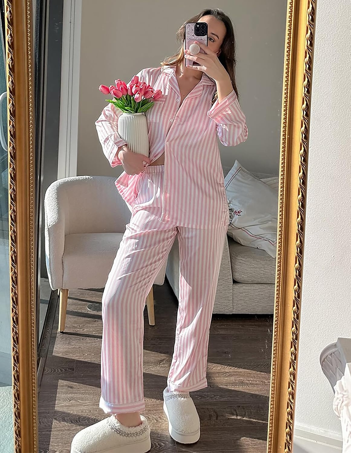 image:imageEkouaer Womens Silk Satin Pajama Set Button Up Long Sleeve Pjs SleepwearPink Striped