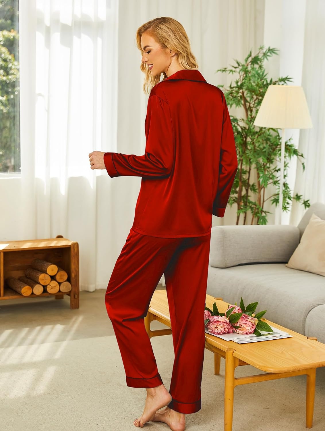image:imageEkouaer Womens Silk Satin Pajama Set Button Up Long Sleeve Pjs SleepwearRed
