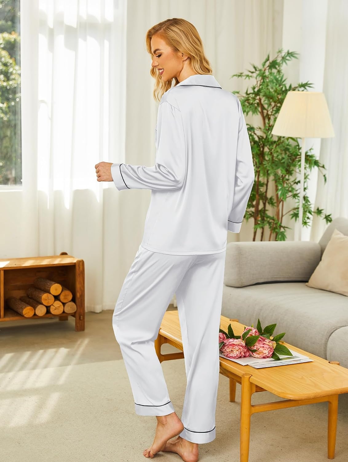 image:imageEkouaer Womens Silk Satin Pajama Set Button Up Long Sleeve Pjs SleepwearWhite
