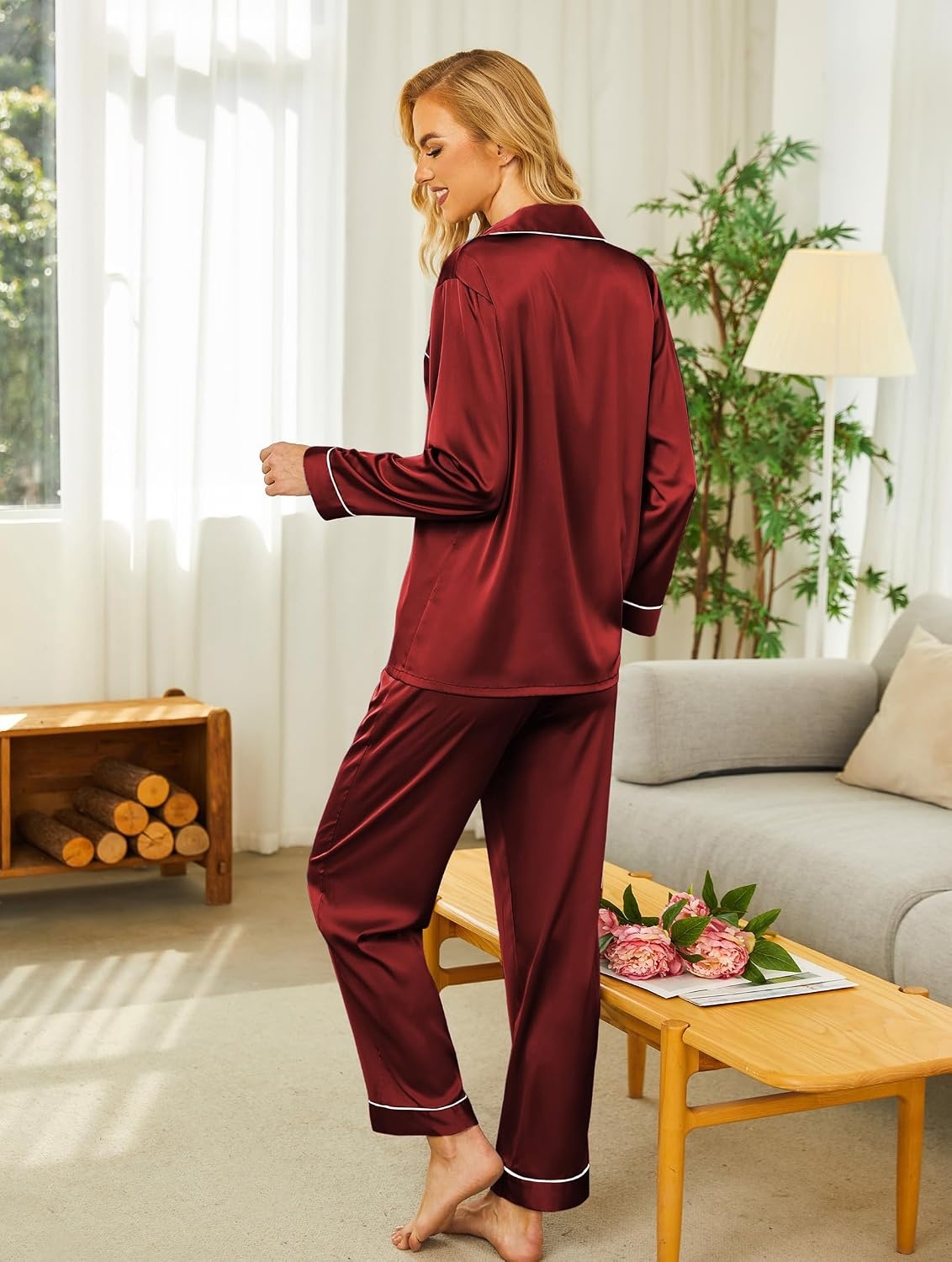 image:imageEkouaer Womens Silk Satin Pajama Set Button Up Long Sleeve Pjs SleepwearWine