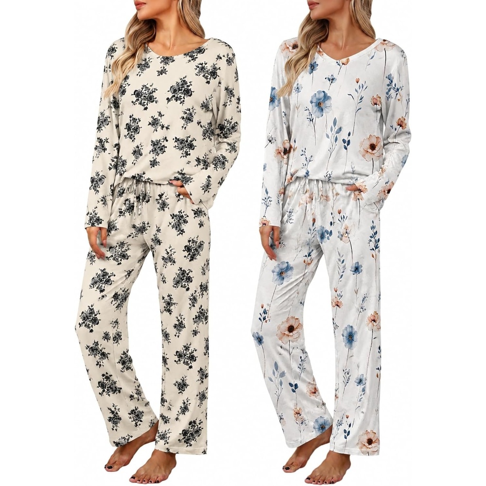 image:image2 Pack Womens Long Sleeve Pajama Sets V Neck Top and Pants Lounge setsBlack Daisy Blue Orange Floral
