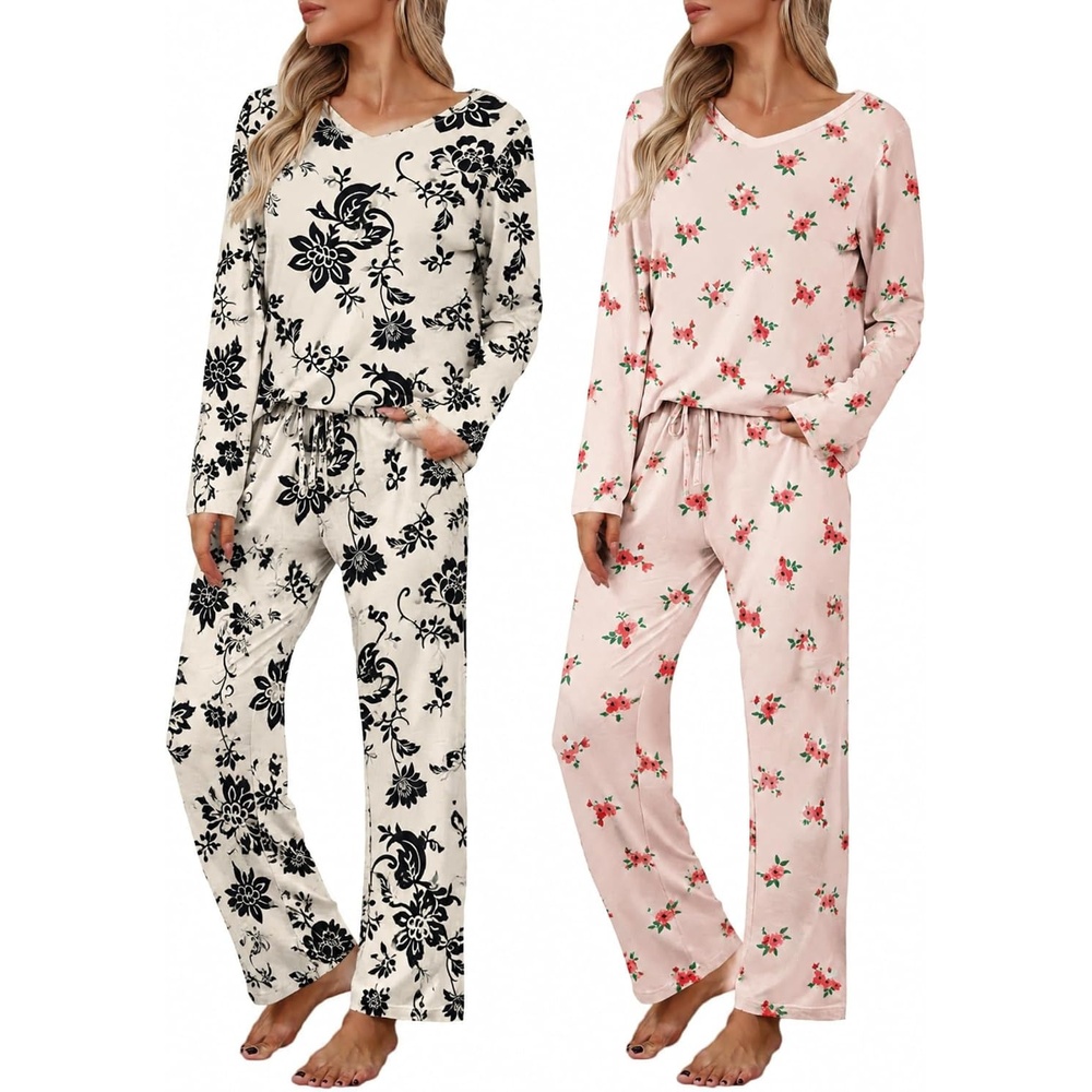 image:image2 Pack Womens Long Sleeve Pajama Sets V Neck Top and Pants Lounge setsBlack Floral Red Floral