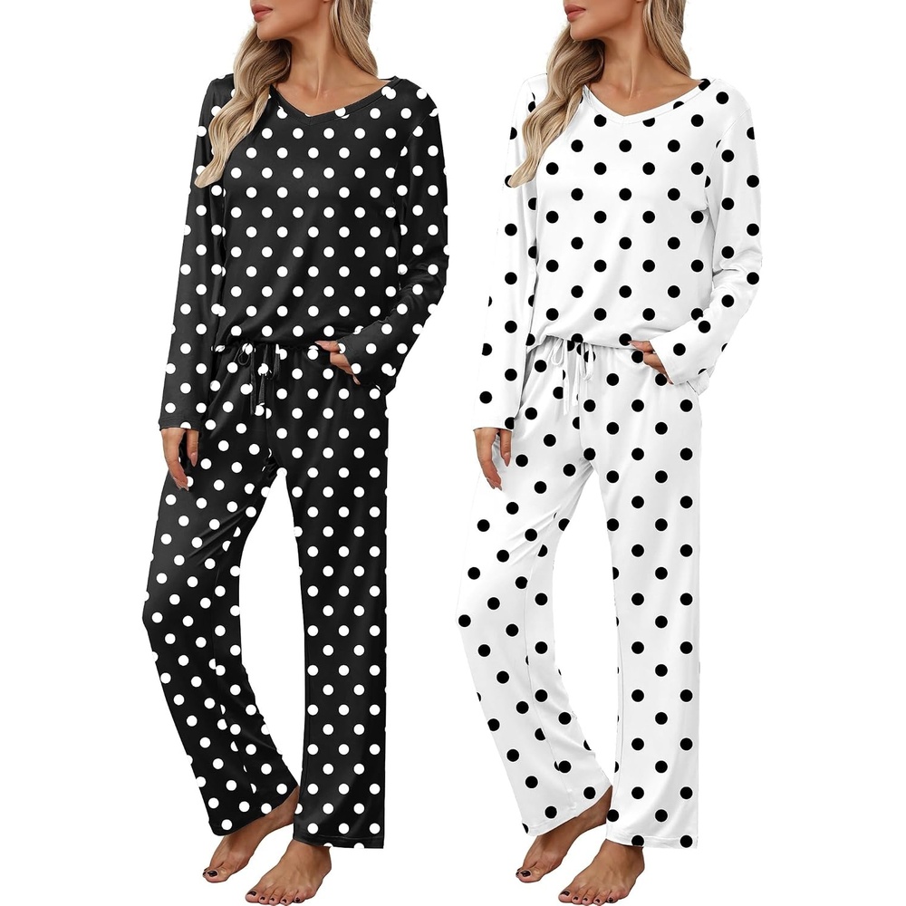 image:image2 Pack Womens Long Sleeve Pajama Sets V Neck Top and Pants Lounge setsBlack White Polka Dots White Black Polka Dots