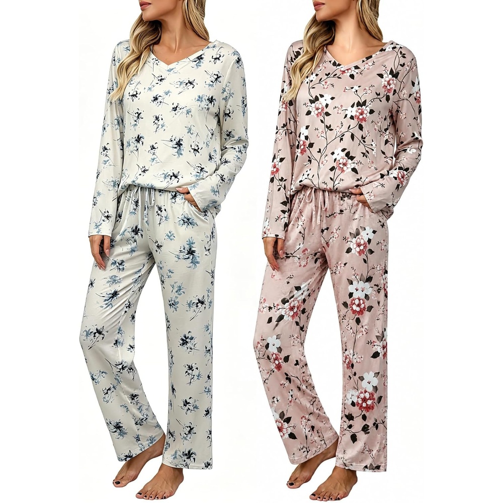 image:image2 Pack Womens Long Sleeve Pajama Sets V Neck Top and Pants Lounge setsBlue Floral Pink Floral