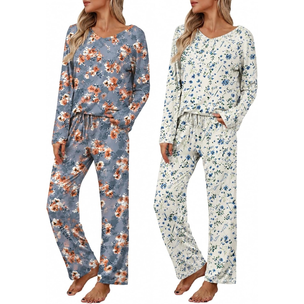 image:image2 Pack Womens Long Sleeve Pajama Sets V Neck Top and Pants Lounge setsBlue Orange Floral Blue Floral
