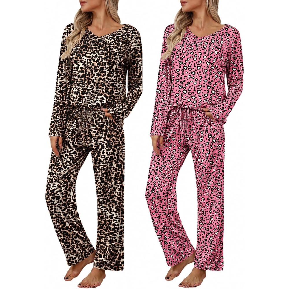 image:image2 Pack Womens Long Sleeve Pajama Sets V Neck Top and Pants Lounge setsBrown Leopard Pink Leopard