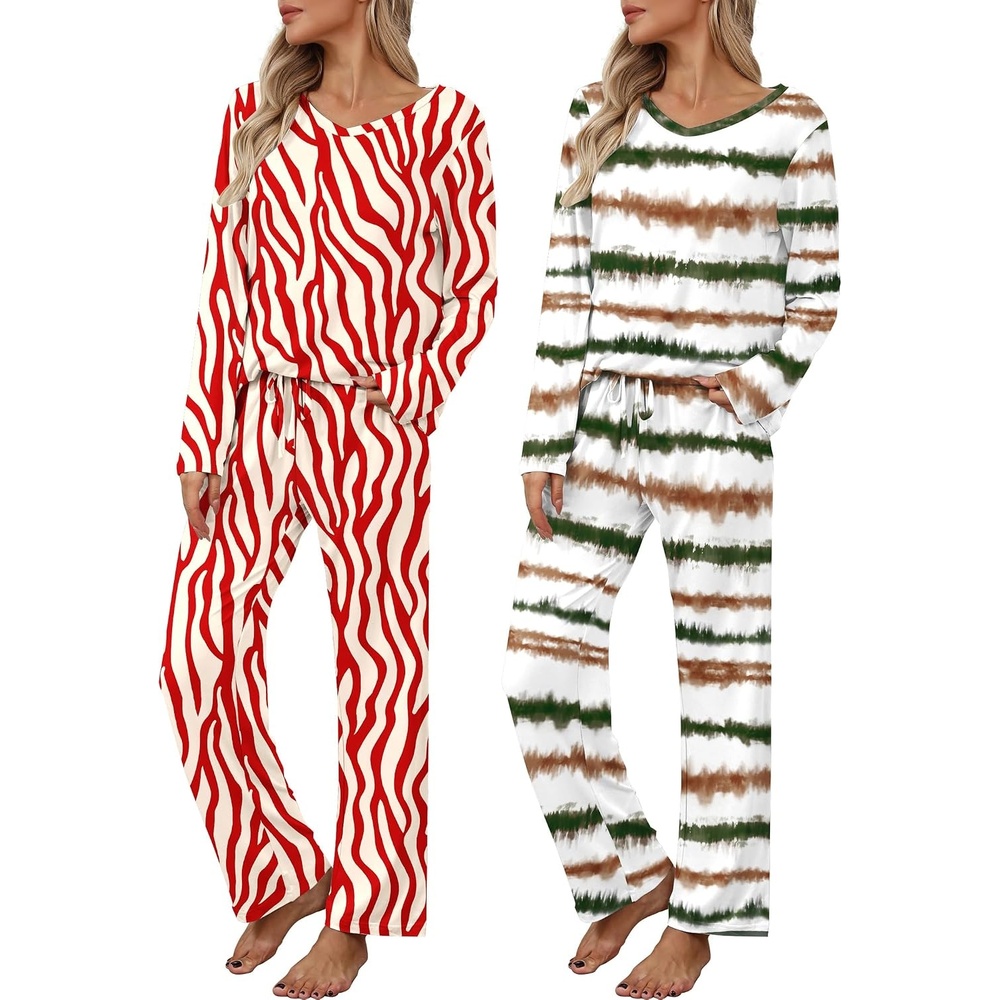 image:image2 Pack Womens Long Sleeve Pajama Sets V Neck Top and Pants Lounge setsGray Beige Red Zebra Gray Orange Stripe Tiedye