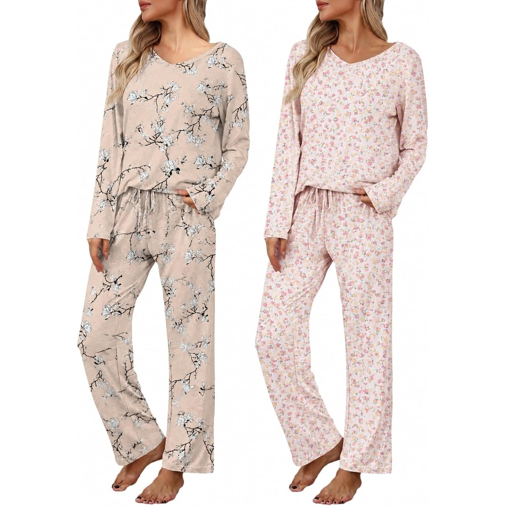 image:image2 Pack Womens Long Sleeve Pajama Sets V Neck Top and Pants Lounge setsGray Floral Small Red Floral