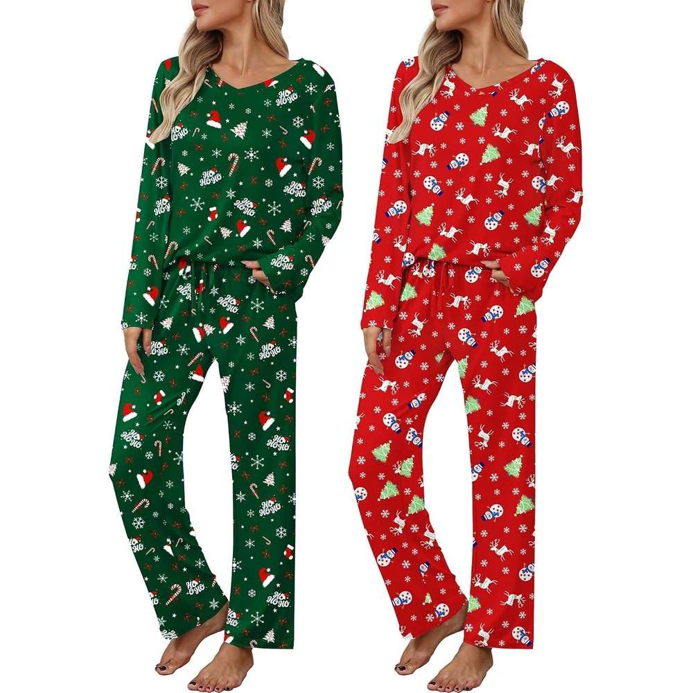 image:image2 Pack Womens Long Sleeve Pajama Sets V Neck Top and Pants Lounge setsGreen Christmas Red Snowman