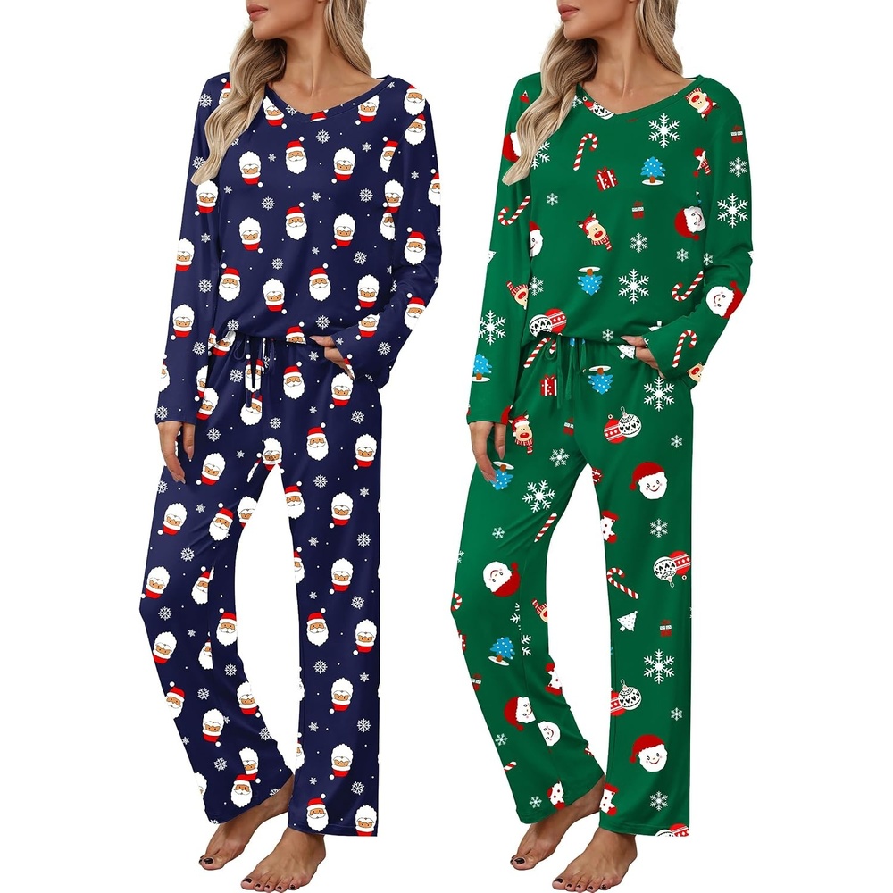 image:image2 Pack Womens Long Sleeve Pajama Sets V Neck Top and Pants Lounge setsGreen Snowman Face Print Navy Santa Claus