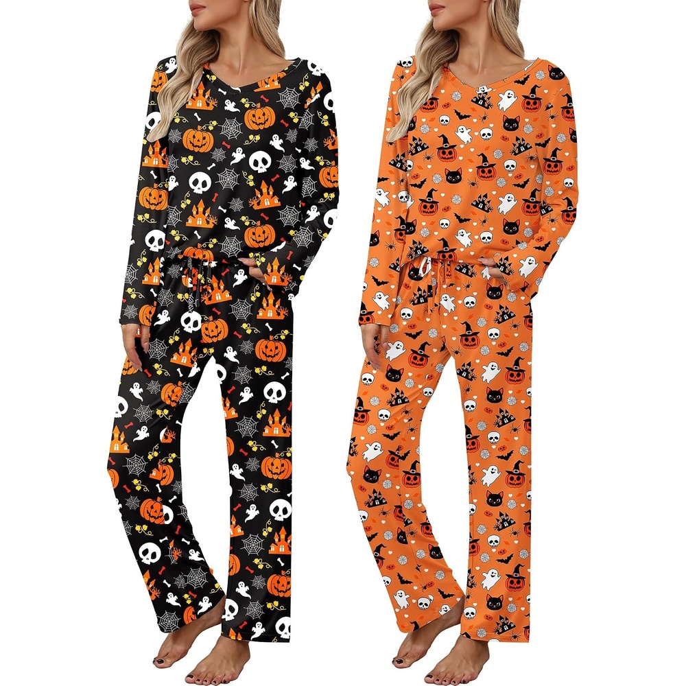 image:image2 Pack Womens Long Sleeve Pajama Sets  V Neck Top and Pants Lounge setsOrange Halloween  Black Pumpkin Spiderweb