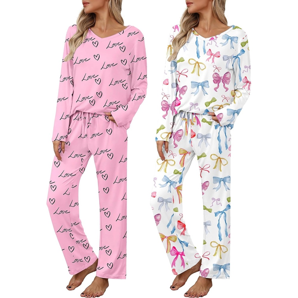 image:image2 Pack Womens Long Sleeve Pajama Sets  V Neck Top and Pants Lounge setsPink Black Love Hearts  White Colorful Mini Bows