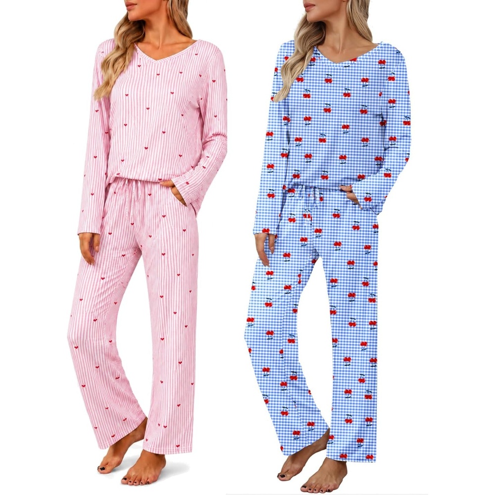 image:image2 Pack Womens Long Sleeve Pajama Sets V Neck Top and Pants Lounge setsPink Heart Pinstripe Blue Cherry Gingham