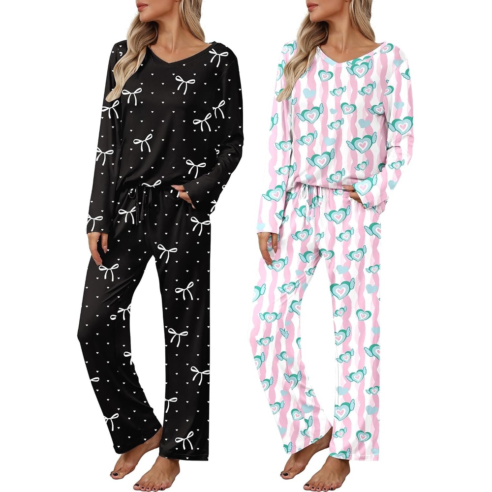 image:image2 Pack Womens Long Sleeve Pajama Sets V Neck Top and Pants Lounge setsPink White Wing Heart Stripes Black White Bow Hearts