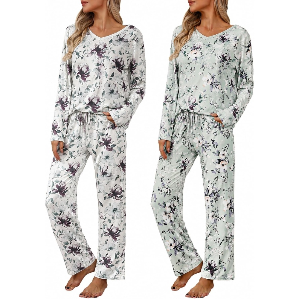 image:image2 Pack Womens Long Sleeve Pajama Sets V Neck Top and Pants Lounge setsPurple Floral Mint Gray Floral