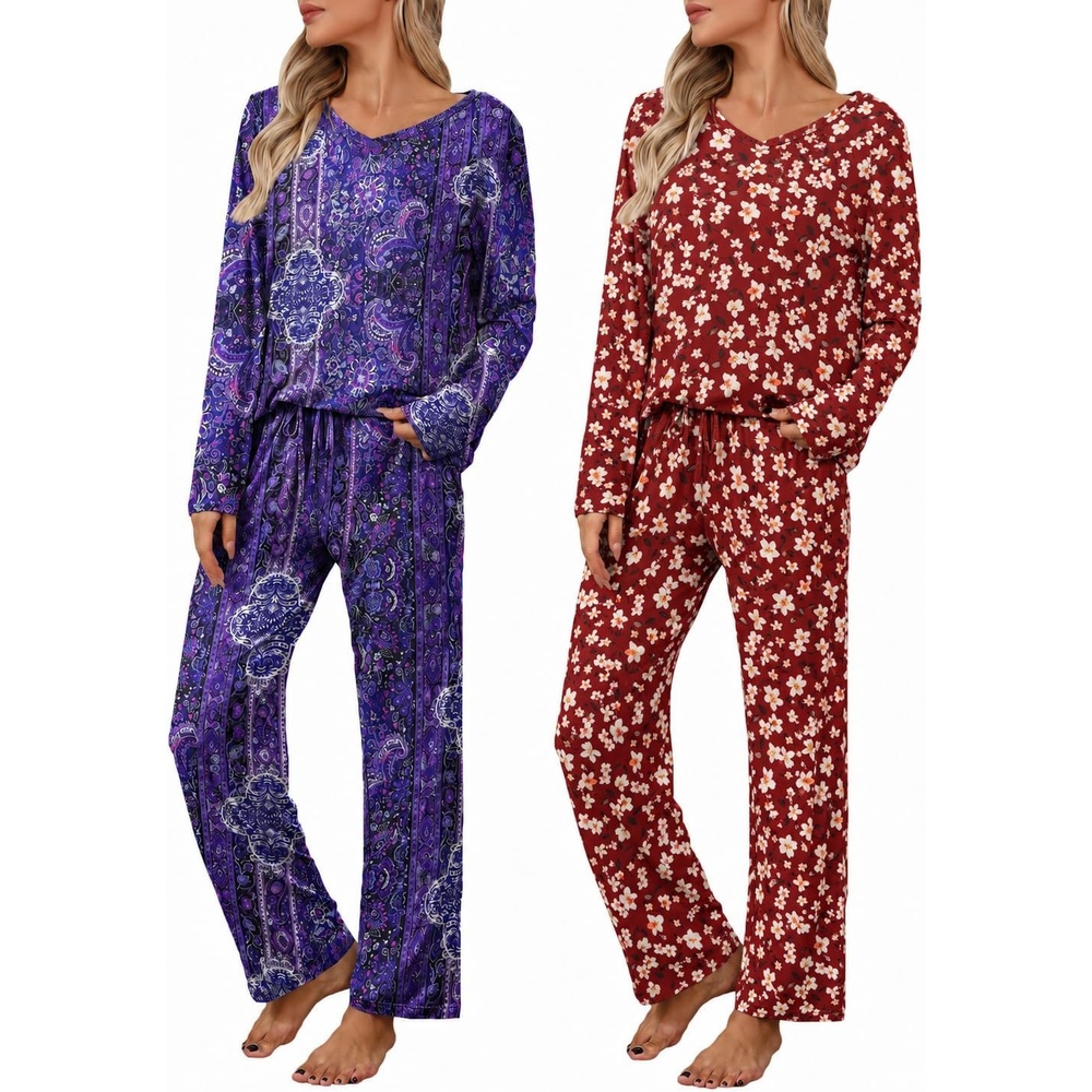 image:image2 Pack Womens Long Sleeve Pajama Sets V Neck Top and Pants Lounge setsPurple Paisley Burgundy Floral