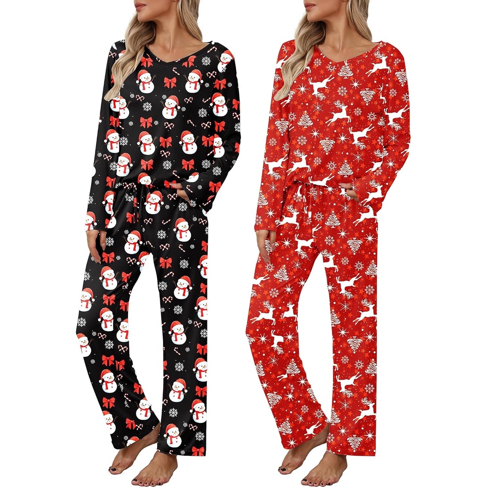 image:image2 Pack Womens Long Sleeve Pajama Sets V Neck Top and Pants Lounge setsRed Reindeer Christmas Print Black White Red Snowman