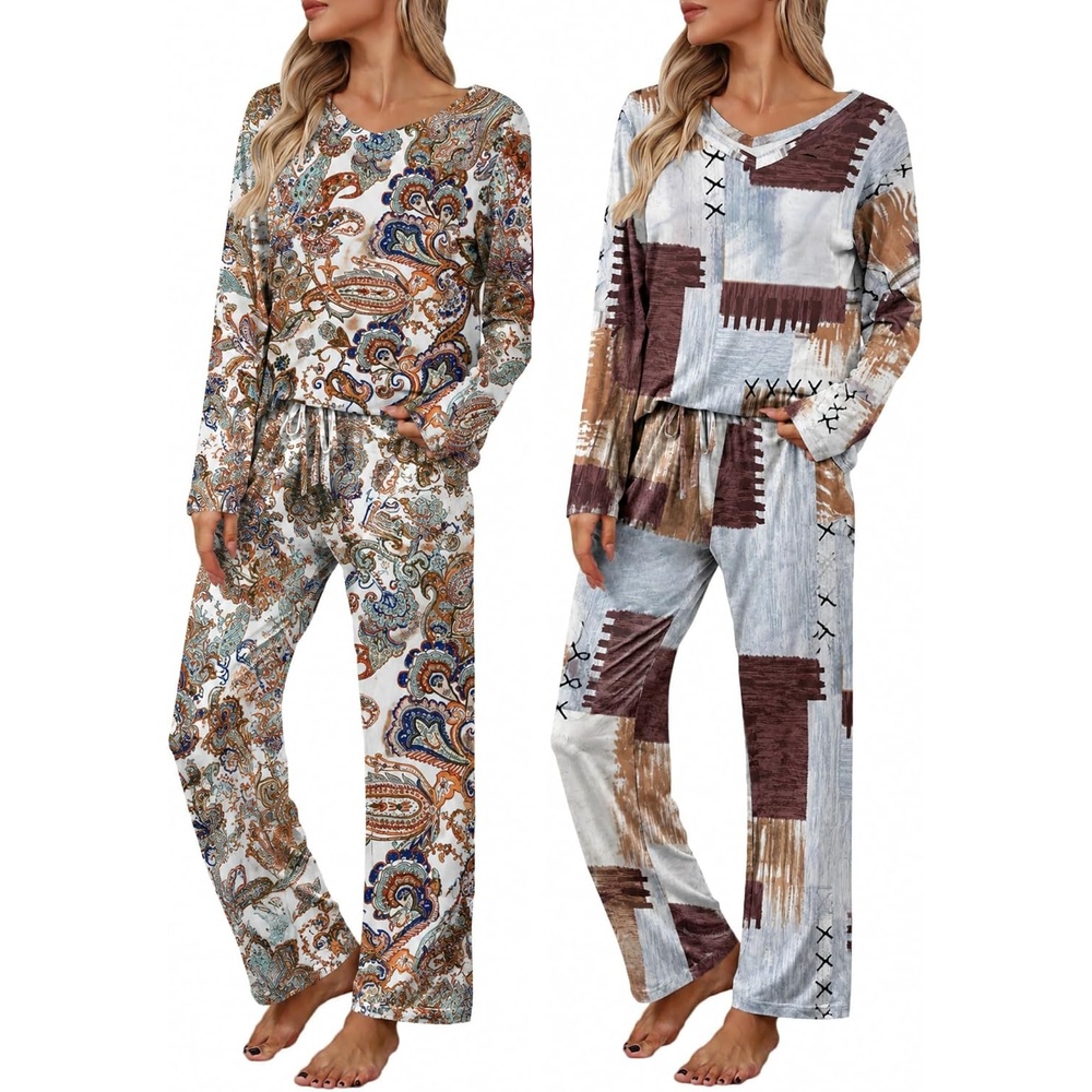 image:image2 Pack Womens Long Sleeve Pajama Sets V Neck Top and Pants Lounge setsTaupe Paisley Blue Brown Patchwork