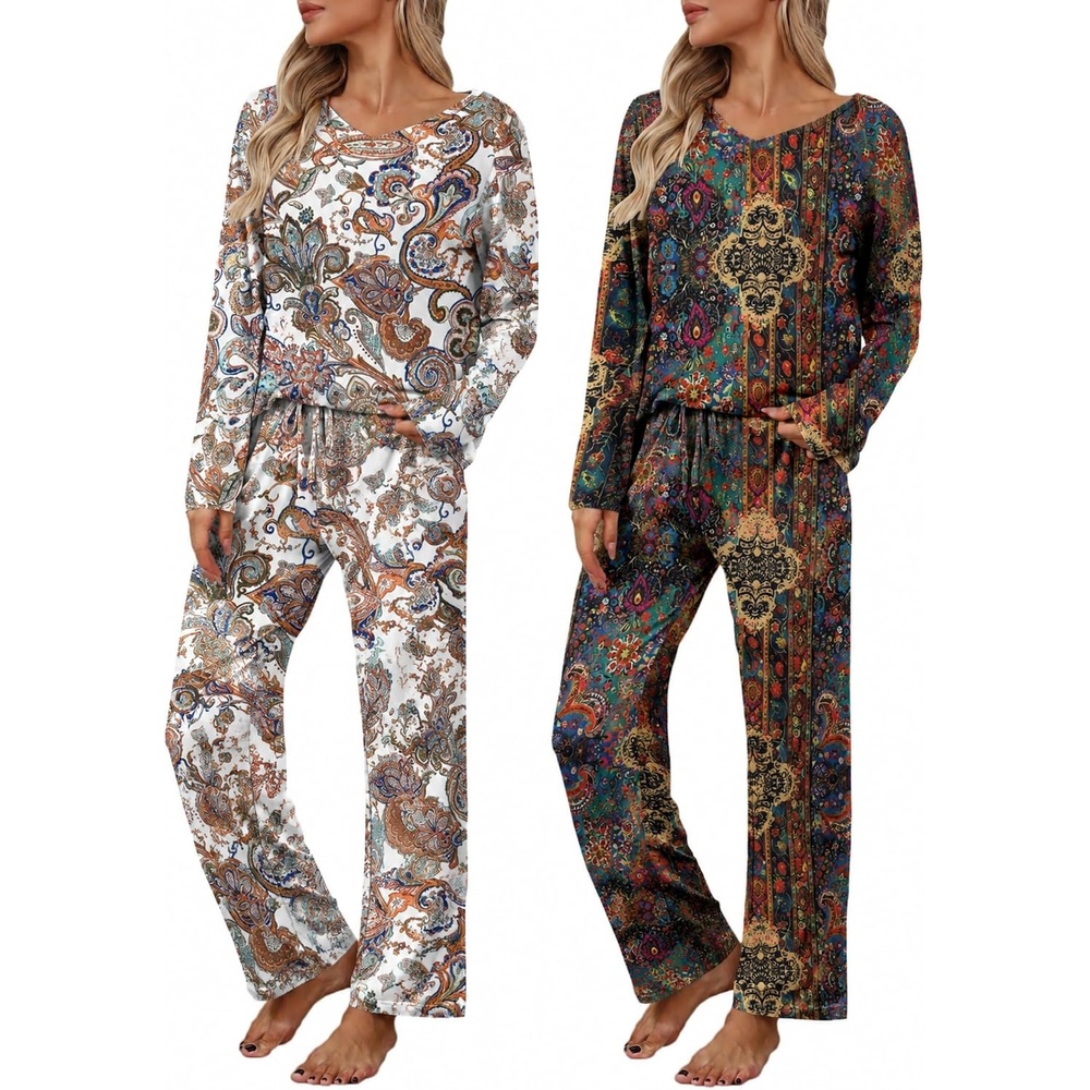 image:image2 Pack Womens Long Sleeve Pajama Sets V Neck Top and Pants Lounge setsTaupe Paisley Dark Paisley