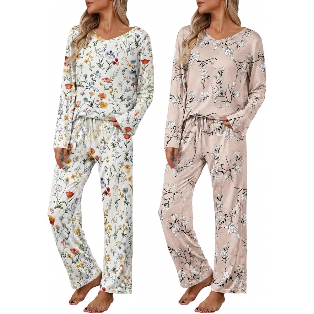 image:image2 Pack Womens Long Sleeve Pajama Sets V Neck Top and Pants Lounge setsYellow Orange Floral Gray Floral