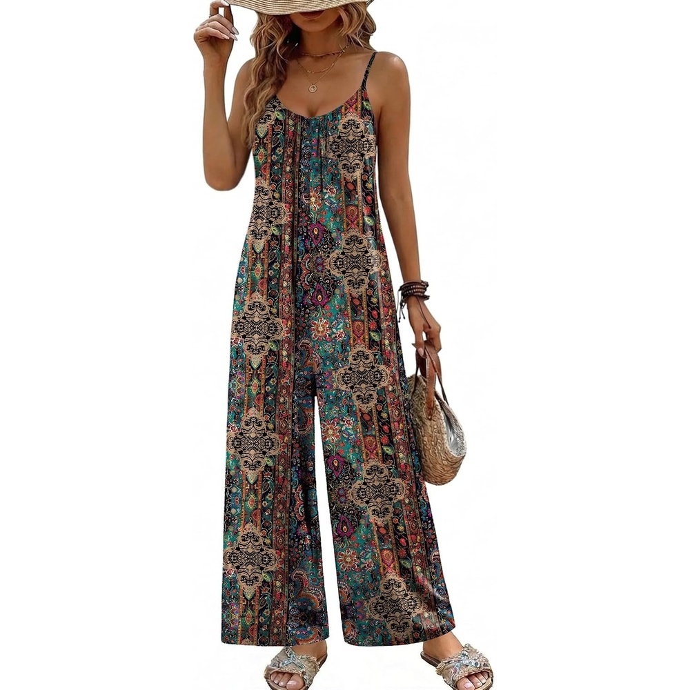 image:imageBoho Jumpsuit for Women Wide Leg Loose Romper Sleeveless Summer OverallA Boho Printed