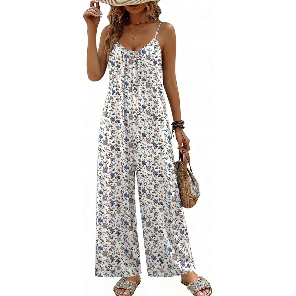image:imageBoho Jumpsuit for Women Wide Leg Loose Romper Sleeveless Summer OverallFloral Khaki