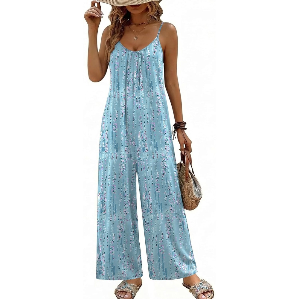 image:imageBoho Jumpsuit for Women Wide Leg Loose Romper Sleeveless Summer OverallFloral Light Blue