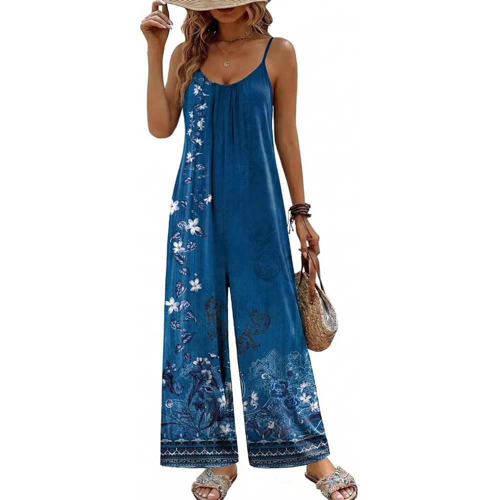 image:imageBoho Jumpsuit for Women Wide Leg Loose Romper Sleeveless Summer OverallFloral Teal