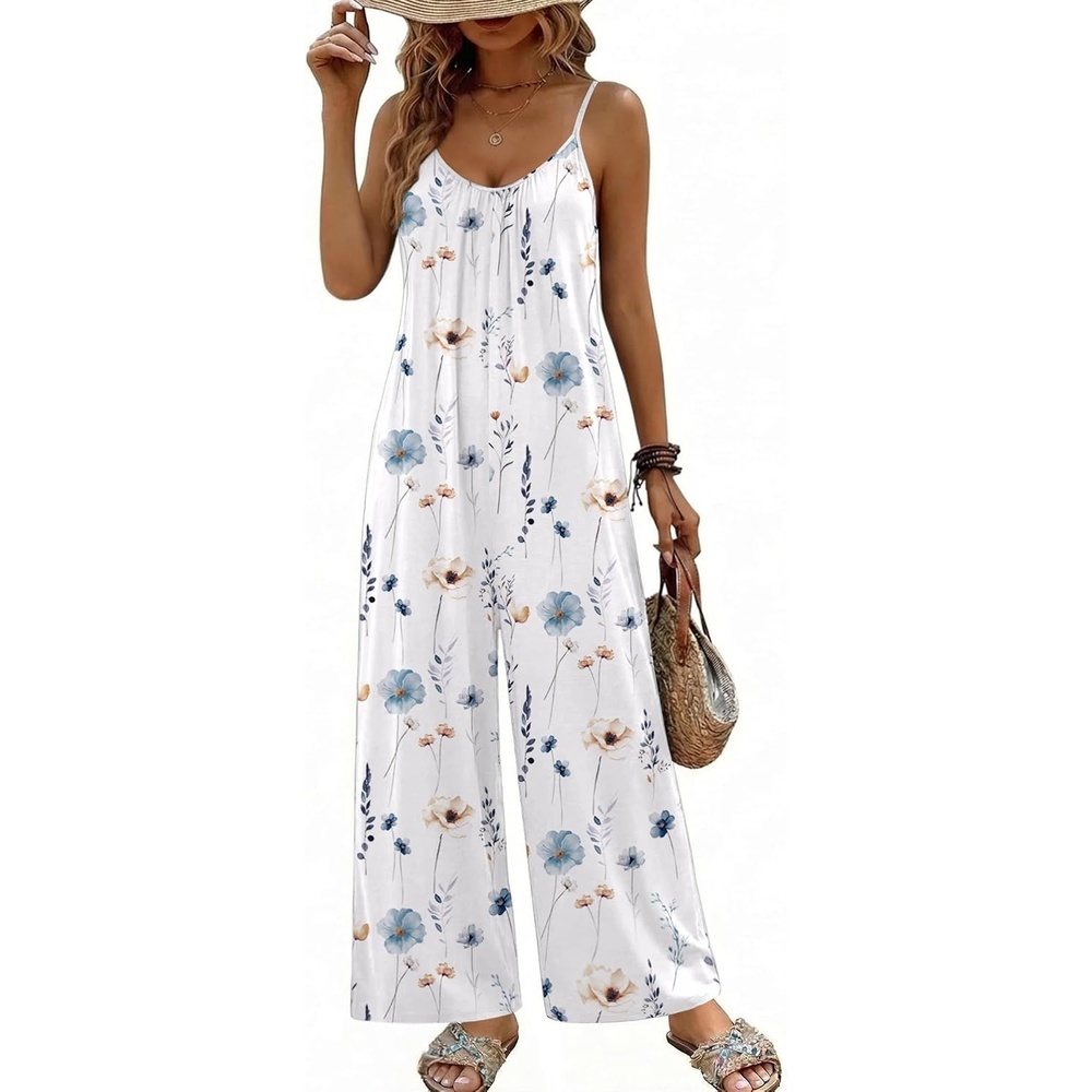 image:imageBoho Jumpsuit for Women Wide Leg Loose Romper Sleeveless Summer OverallFloral White