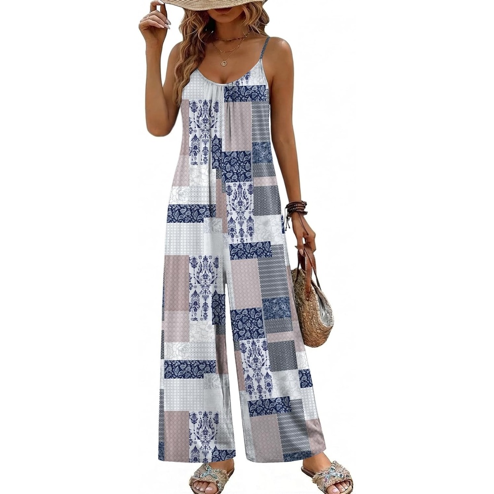 image:imageBoho Jumpsuit for Women Wide Leg Loose Romper Sleeveless Summer OverallPlaid Print