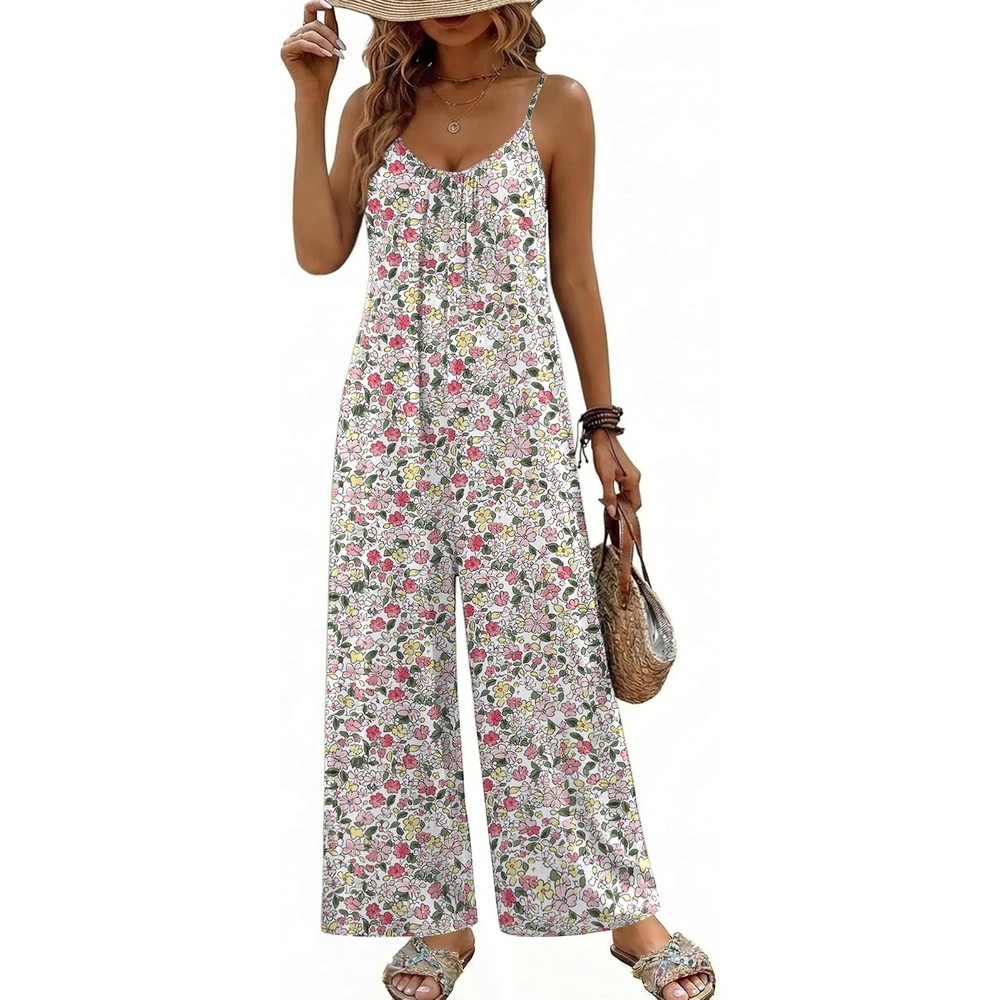 image:imageBoho Jumpsuit for Women Wide Leg Loose Romper Sleeveless Summer OverallWhite Print 2