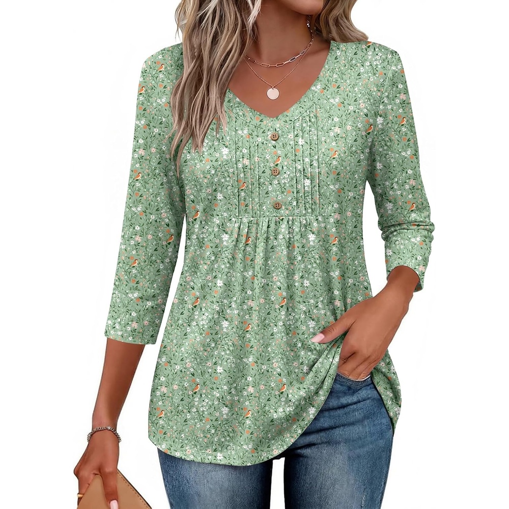 image:imageEkouaer 34 Length Sleeve Womens Tops V Neck Blouses Casual Pleated ShirtsGreen Floral