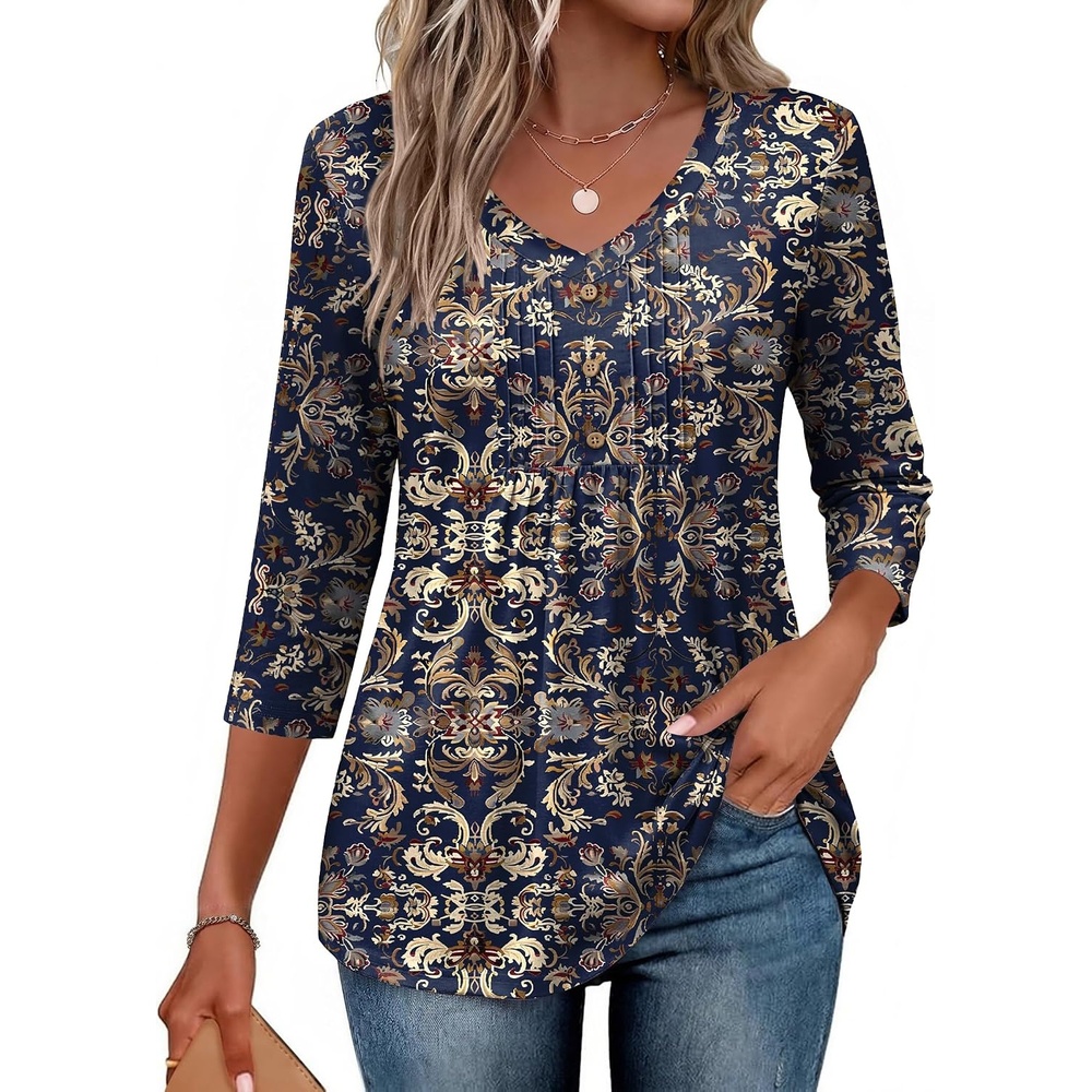 image:imageEkouaer 34 Length Sleeve Womens Tops V Neck Blouses Casual Pleated ShirtsNavy Boho