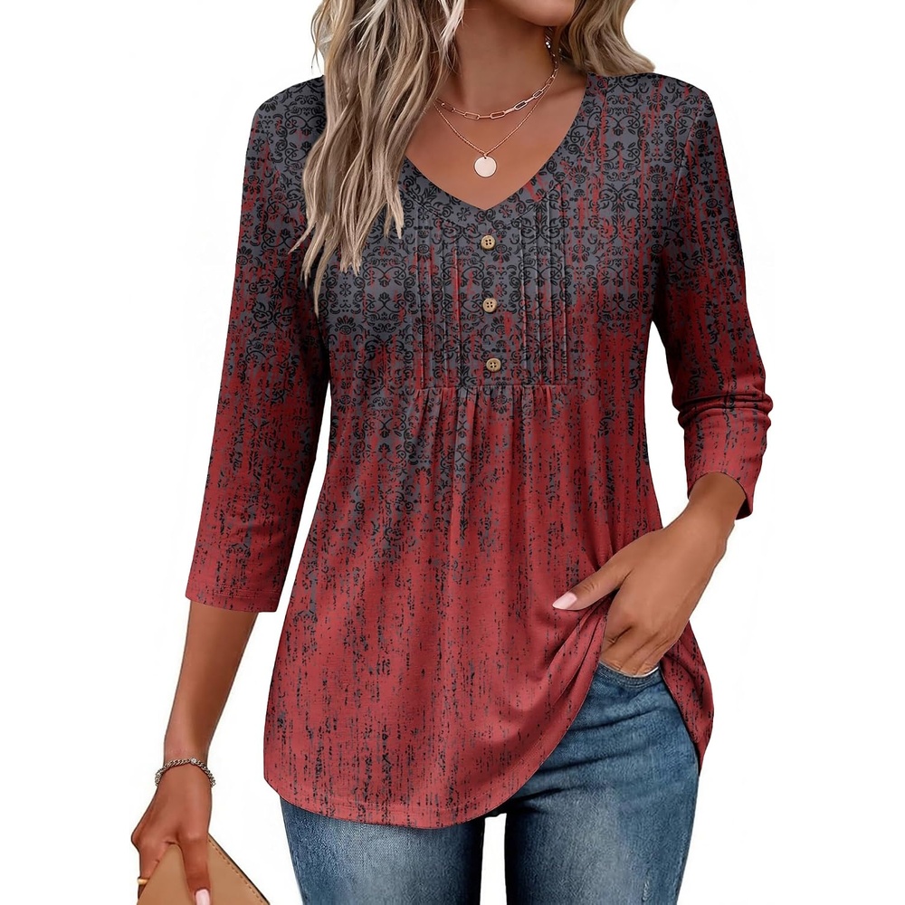 image:imageEkouaer 34 Length Sleeve Womens Tops V Neck Blouses Casual Pleated ShirtsRust Grey