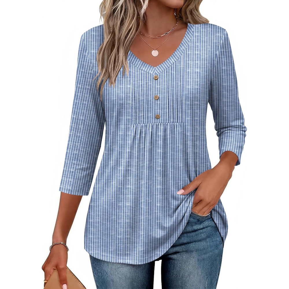 image:imageEkouaer 34 Length Sleeve Womens Tops V Neck Blouses Casual Pleated ShirtsStriped Blue