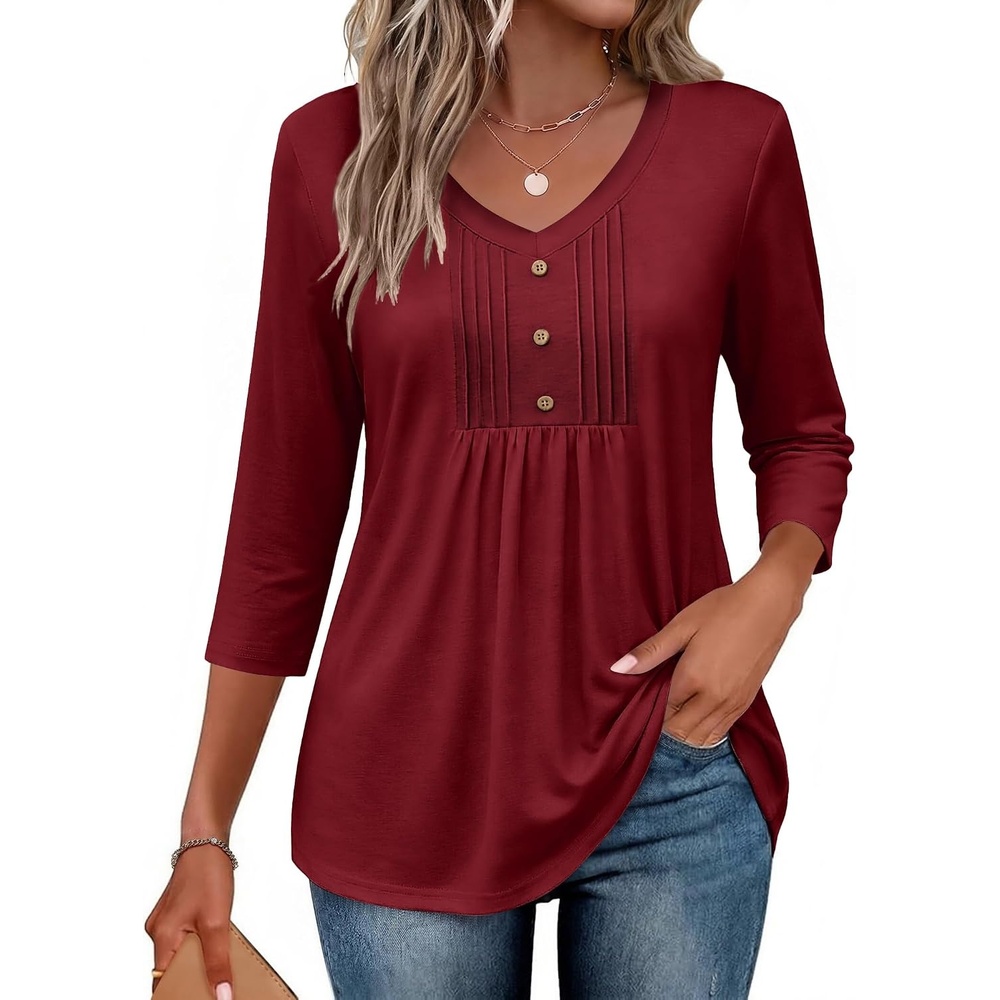 image:imageEkouaer 34 Length Sleeve Womens Tops V Neck Blouses Casual Pleated ShirtsWine Red
