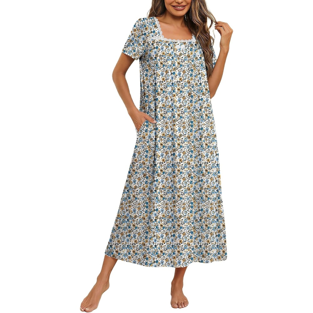 image:imageEkouaer Cotton Long Nightgowns for Women Vintage House Dress with PocketsLittle Flower